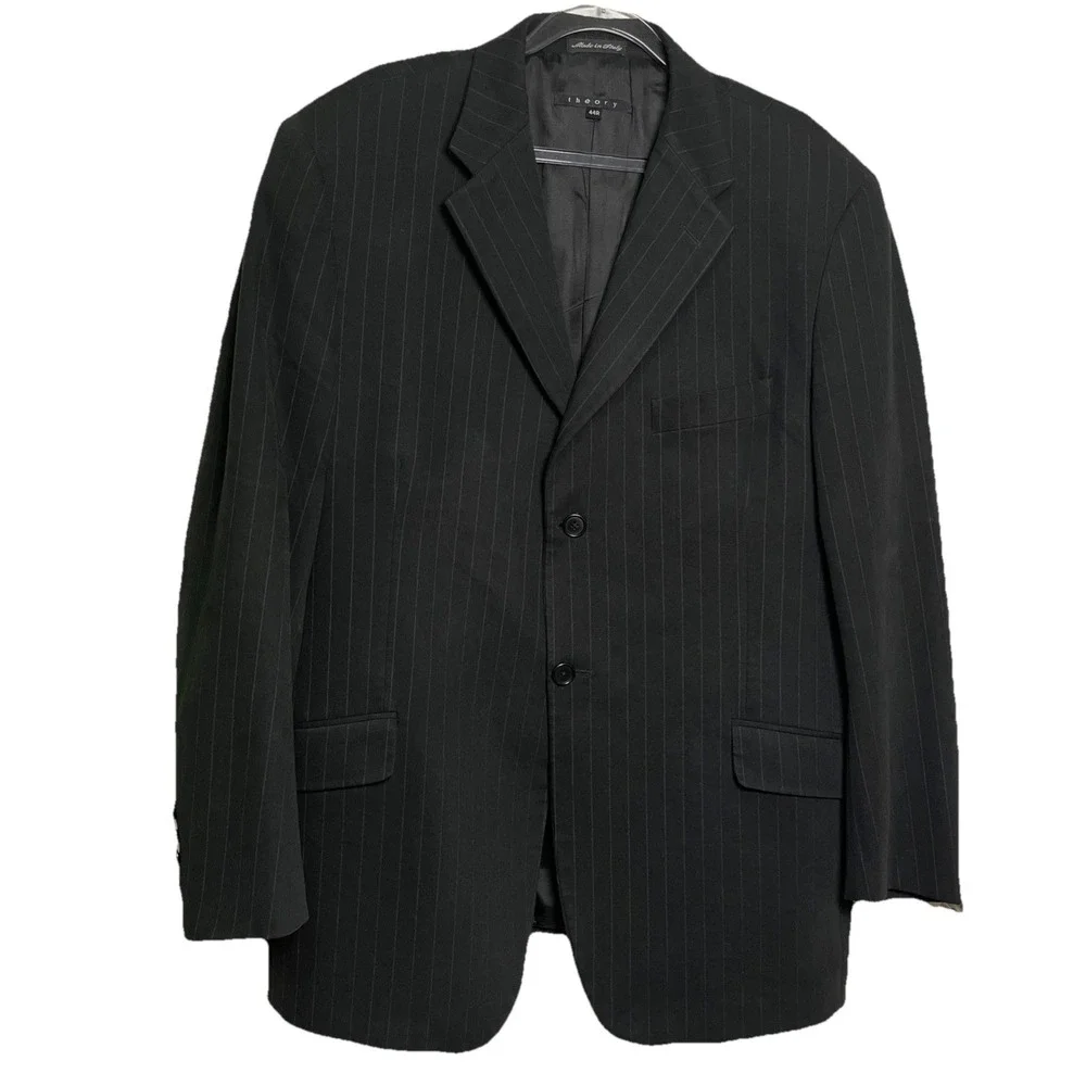 Theory Men's Pinstriped Black Blazer Size 44R Cotton Blend Business Suit‎ Jacket
